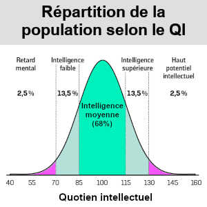 Le QI de la population générale se répartit sous une courbe en forme de cloche. Les HPI se situent à l'extrémité de la courbe.